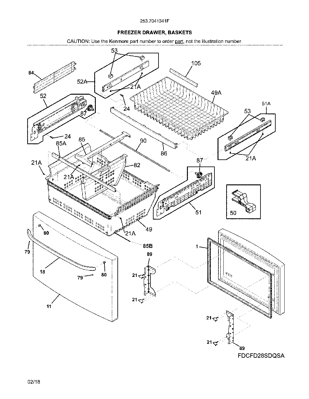 Freezer drawer Diagram and Parts List for 2537041341F  Kenmore Refrigerator