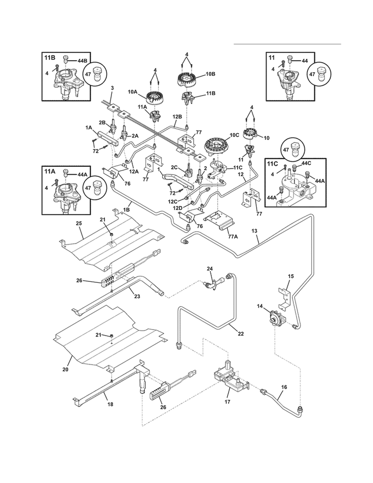 Burner Diagram and Parts List for CPGS3085KF7  Frigidaire Range