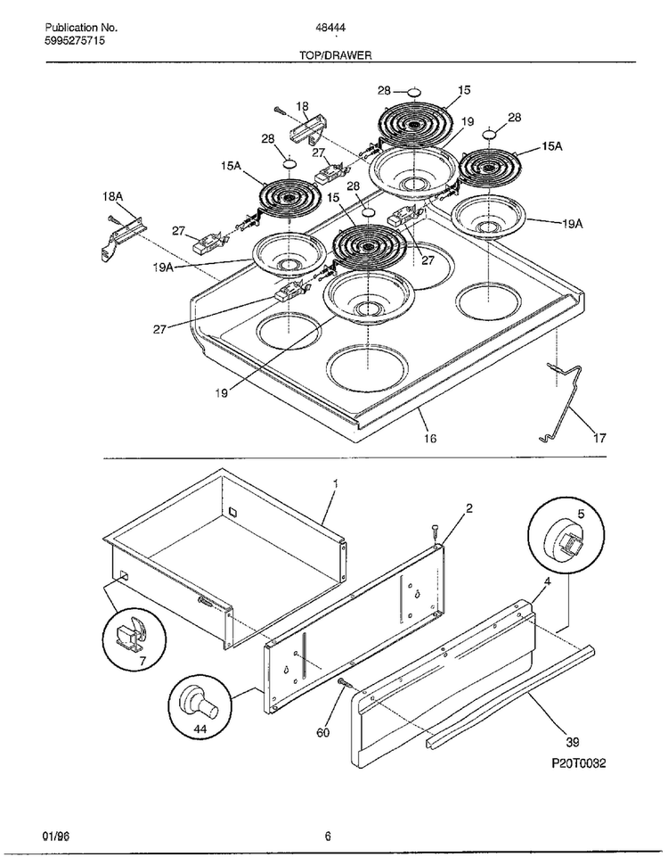 Top/drawer Diagram and Parts List for 484440C  Frigidaire Range