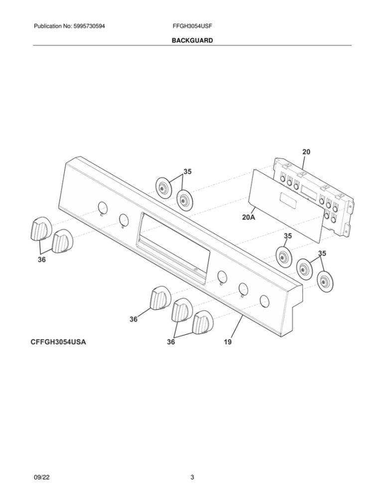 Backguard Diagram and Parts List for FFGH3054USF  Frigidaire Range