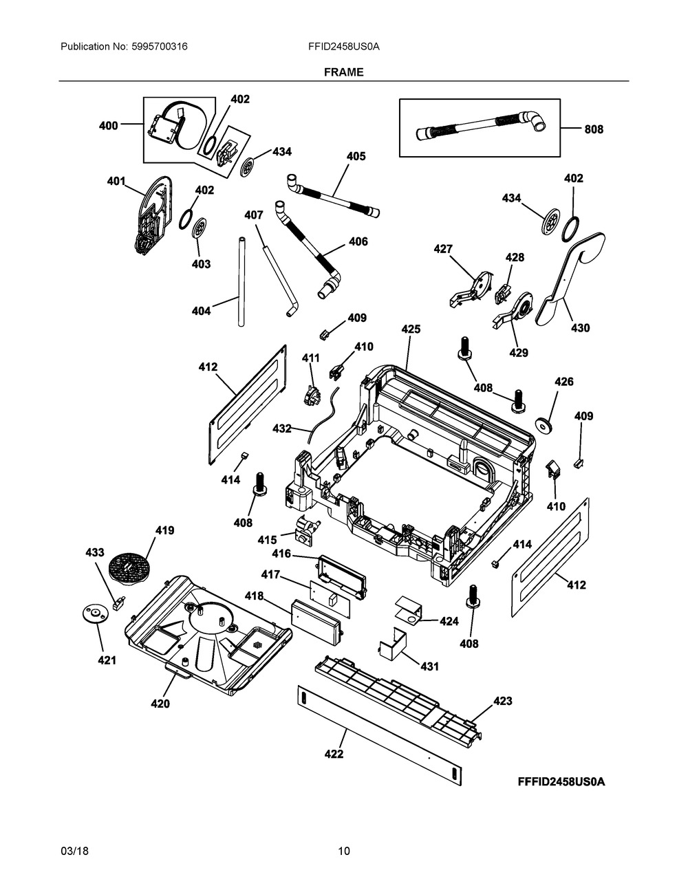 Frame Diagram and Parts List for FFID2458US0A  Frigidaire Dishwasher