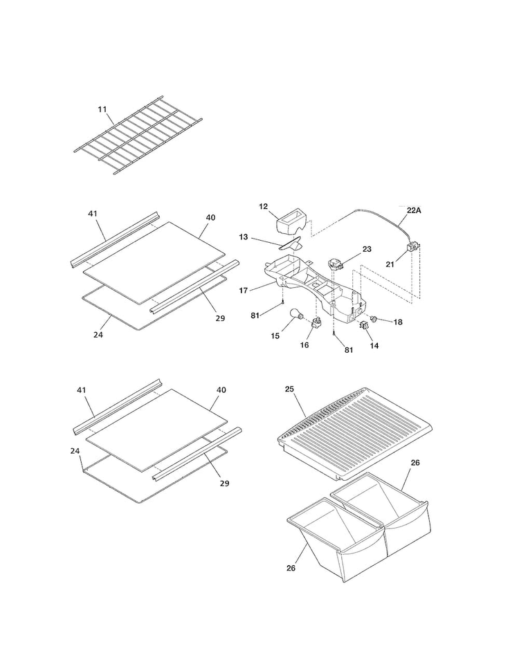 Shelves Diagram and Parts List for 25362622017  Kenmore Refrigerator