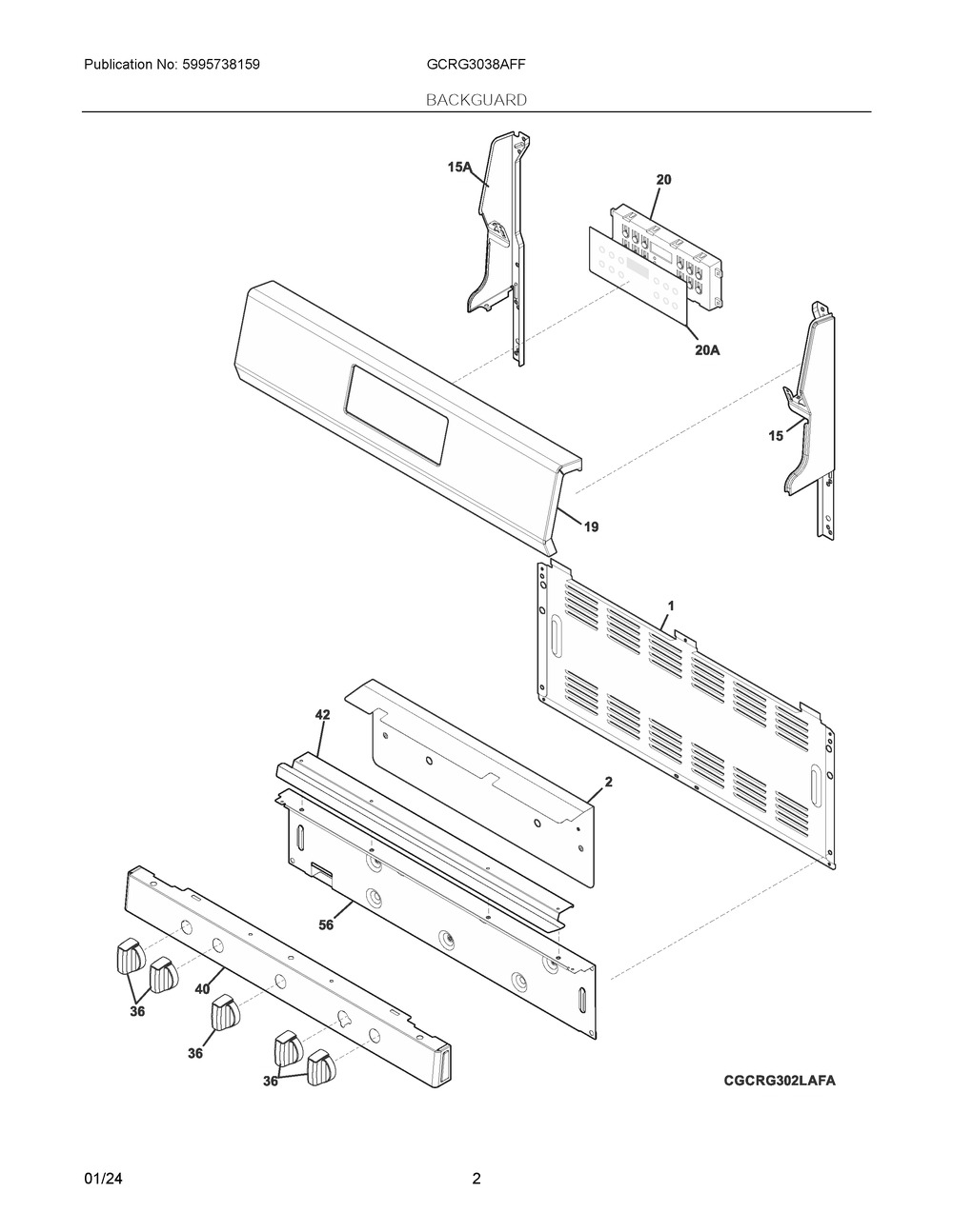 Backguard Diagram and Parts List for GCRG3038AFF  Frigidaire Range
