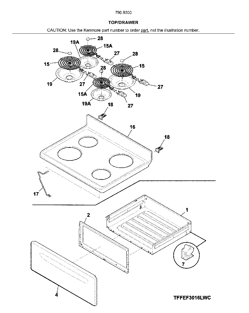 Top/drawer Diagram and Parts List for 79093002314  Kenmore Range