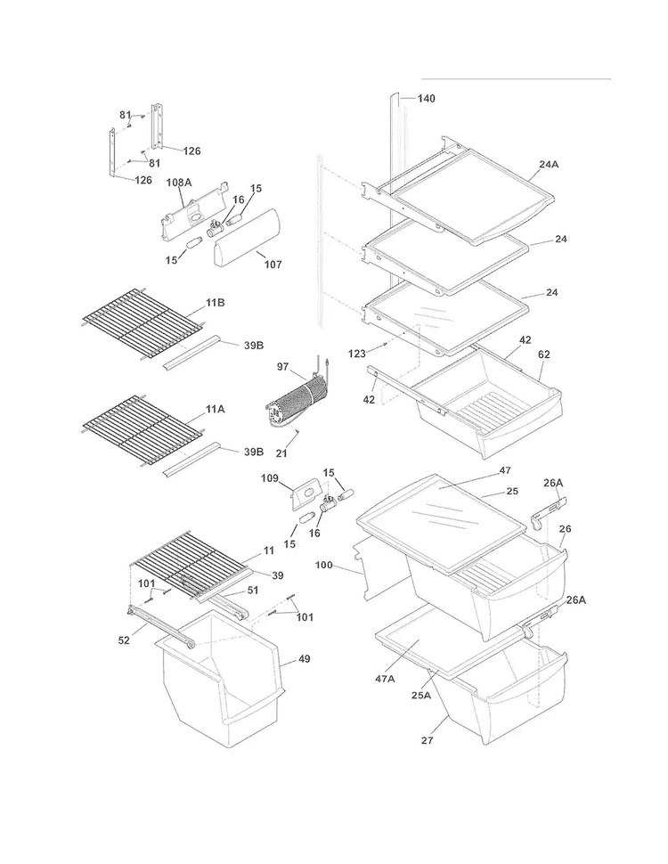 Shelves Diagram and Parts List for FGHS2342LF5  Frigidaire Refrigerator