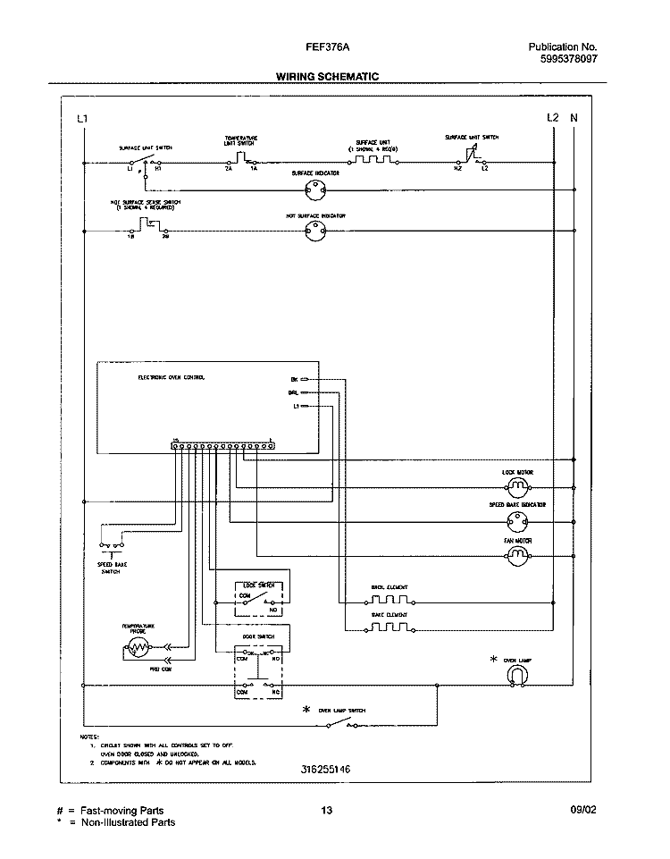 WIRING SCHEMATIC Diagram and Parts List for FEF376AQG  Frigidaire Range