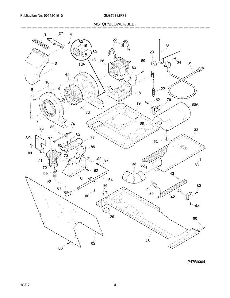 MOTOR / BLOWER / BELT Diagram and Parts List for GLGT1142FS1  Frigidaire Washer Dryer Combo