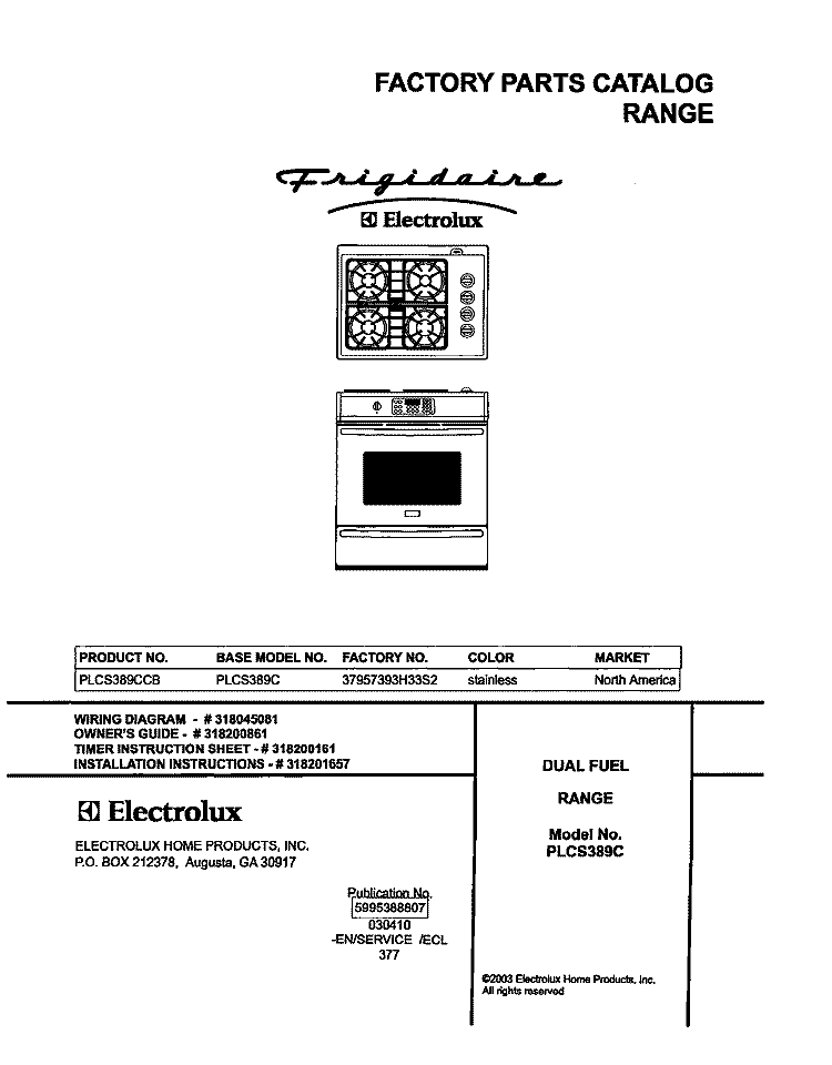 COVER Diagram and Parts List for PLCS389CCB  Frigidaire Range