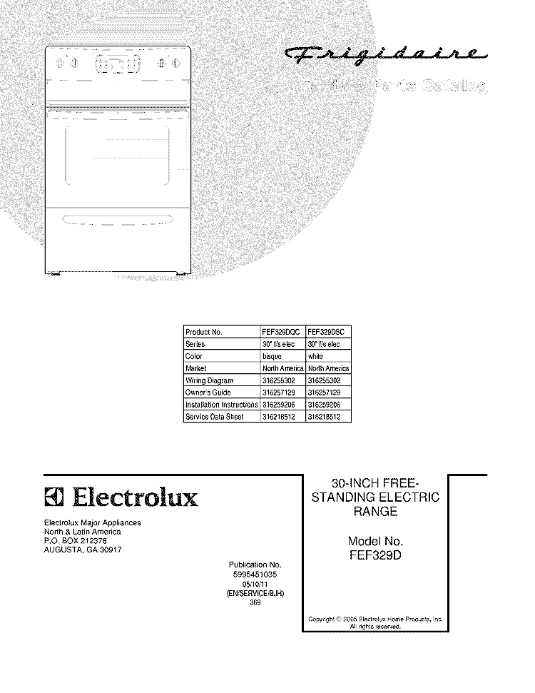 COVER Diagram and Parts List for FEF329DQC  Frigidaire Range