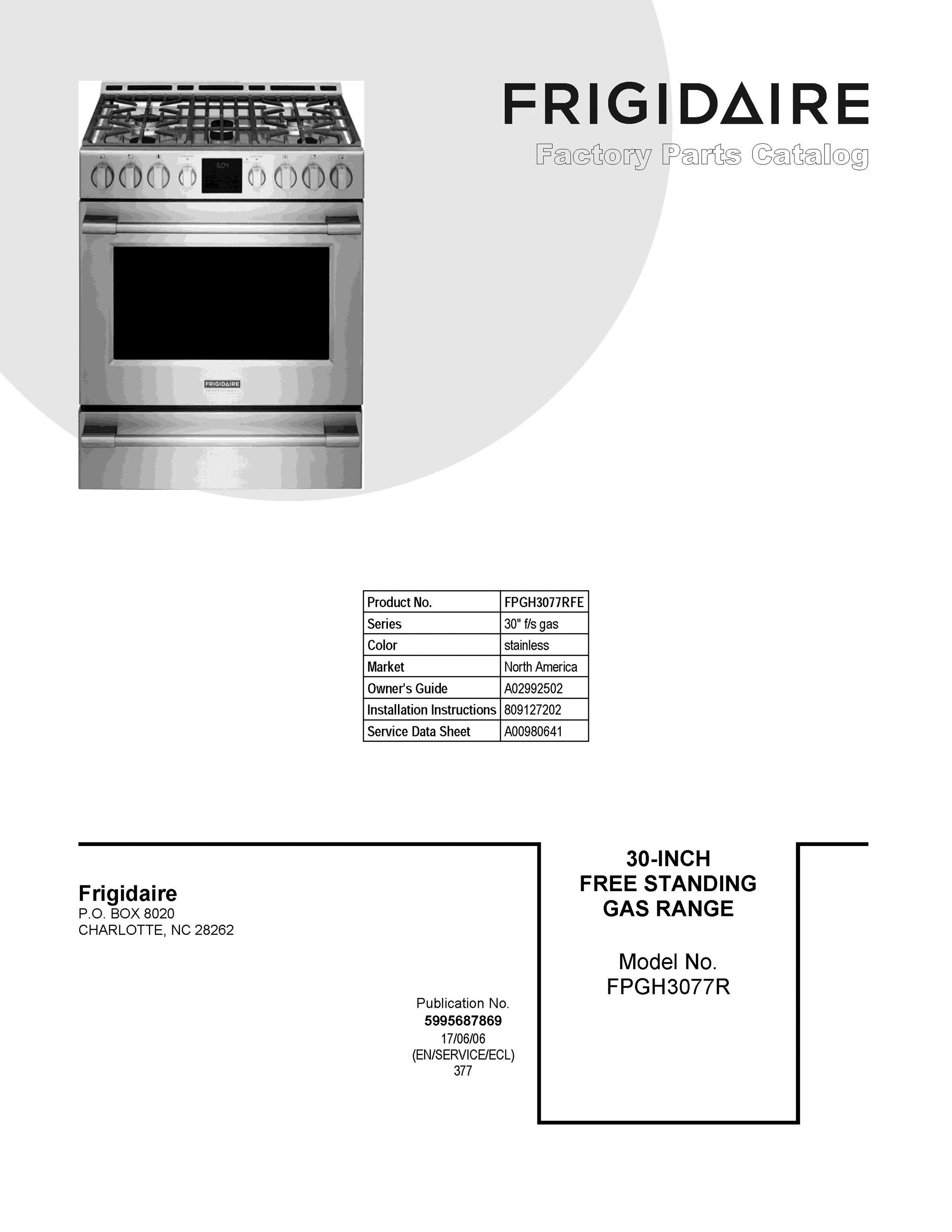 01 - COVER SHEET Diagram and Parts List for FPGH3077RFE  Frigidaire Range