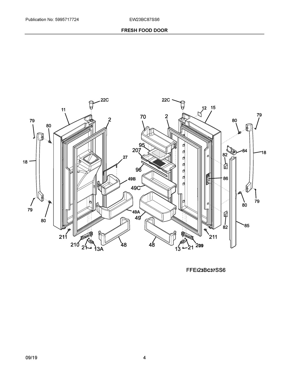 Fresh Food Door Diagram and Parts List for EW23BC87SS6  Frigidaire Refrigerator