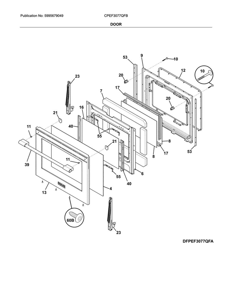 Door Diagram and Parts List for CPEF3077QFB  Frigidaire Range