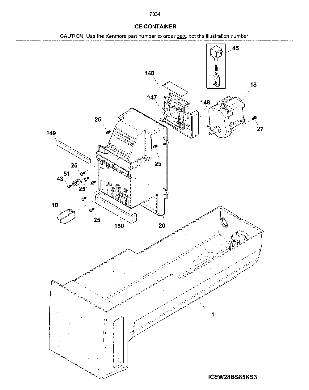 Ice container Diagram and Parts List for 2537034341J  Kenmore Refrigerator