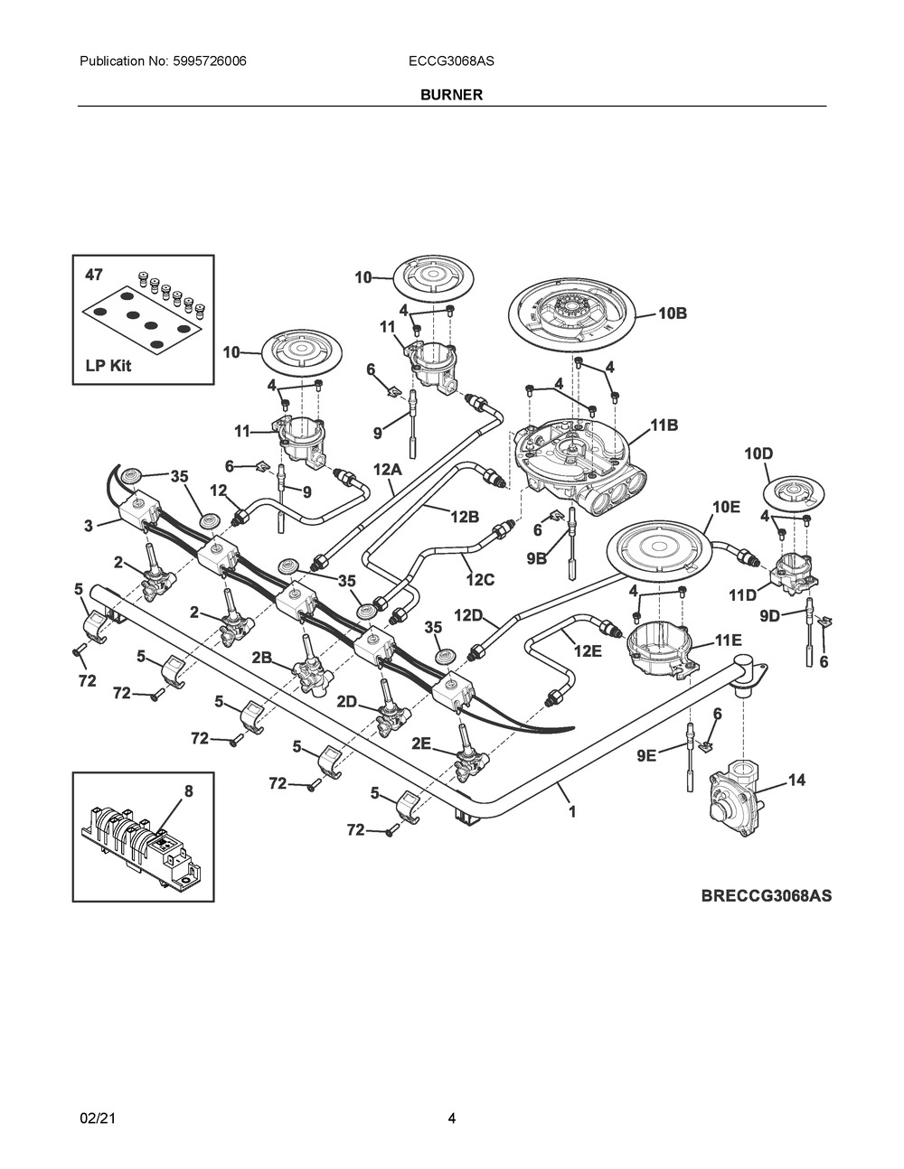 Burner Diagram and Parts List for ECCG3068AS  Frigidaire Cooktop