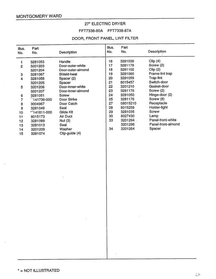 Door-front Panel-lint Filter Page 2 Diagram and Parts List for 7338A  Frigidaire Dryer