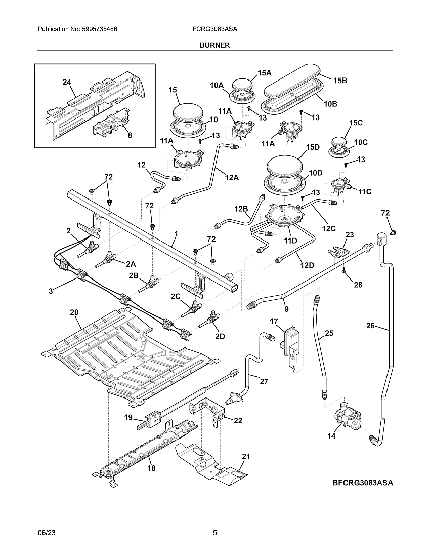 Burner Diagram and Parts List for FCRG3083ASA  Frigidaire Range