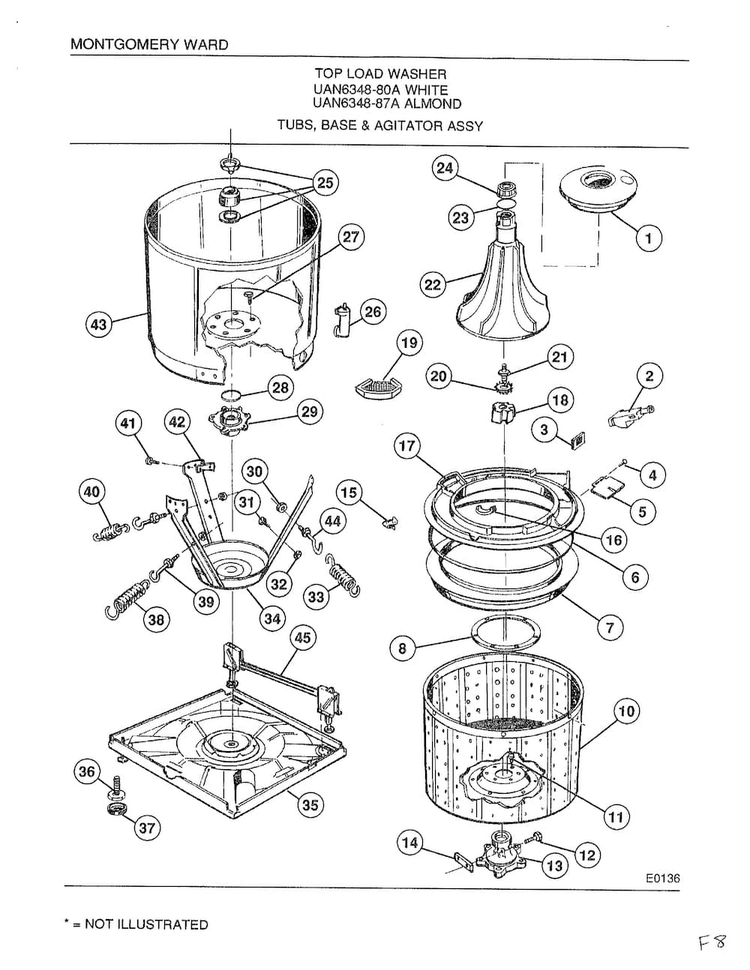 Tubs, Base And Agitator Assembly Diagram and Parts List for 6348A  Frigidaire Washer