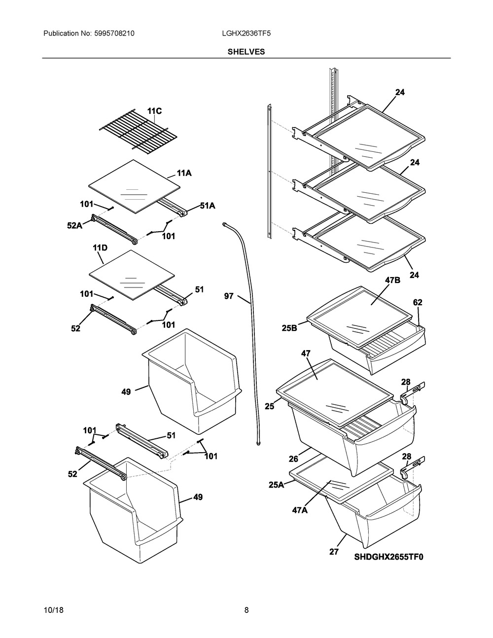 Shelves Diagram and Parts List for LGHX2636TF5  Frigidaire Refrigerator
