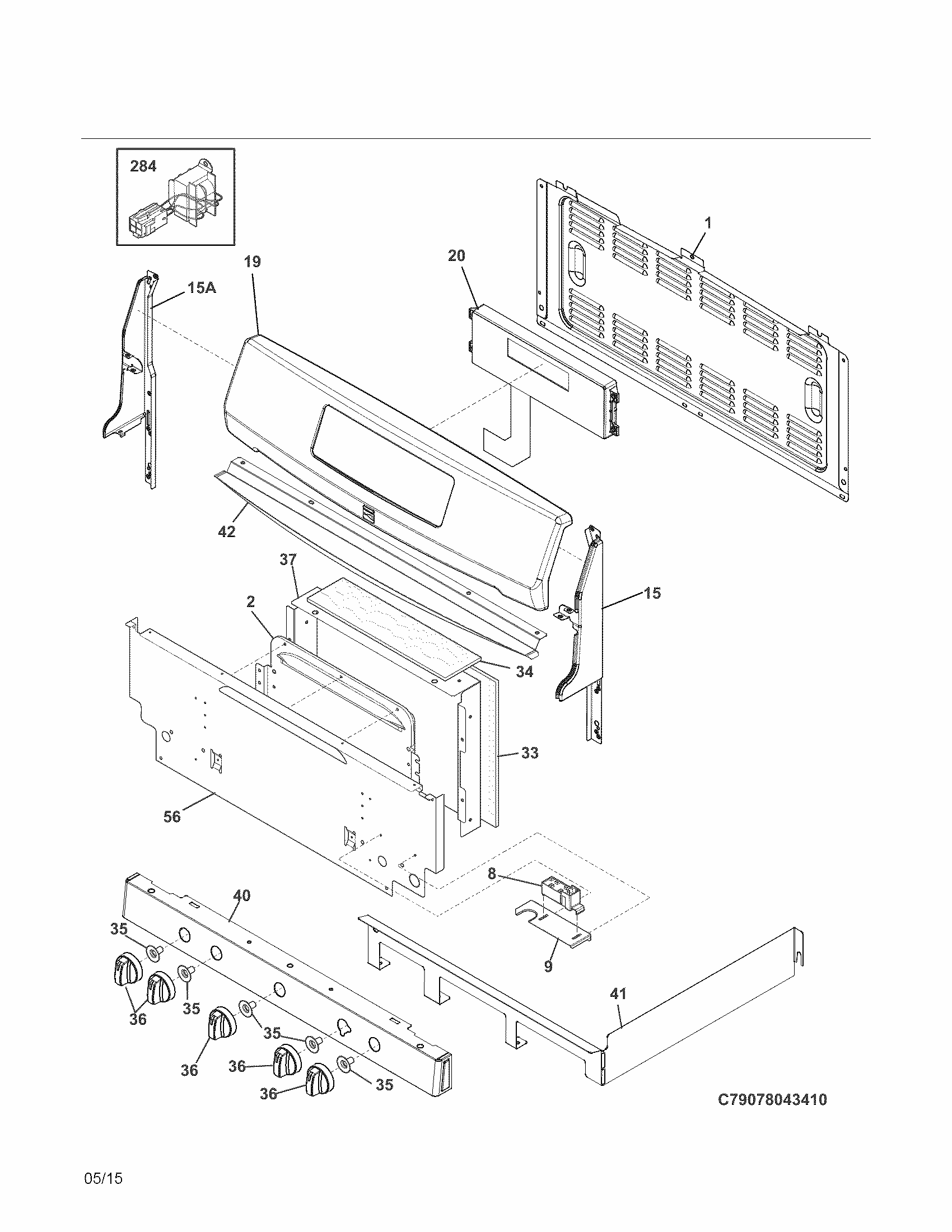 Backguard Diagram and Parts List for 79078143410  Kenmore Range