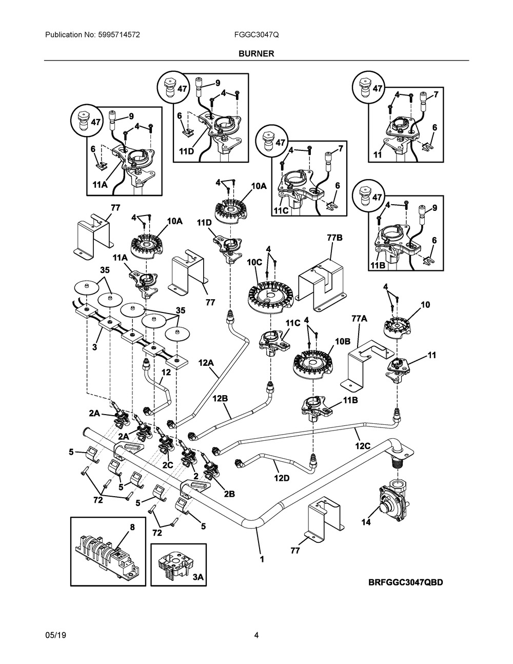 Burner Diagram and Parts List for FGGC3047QWE  Frigidaire Cooktop