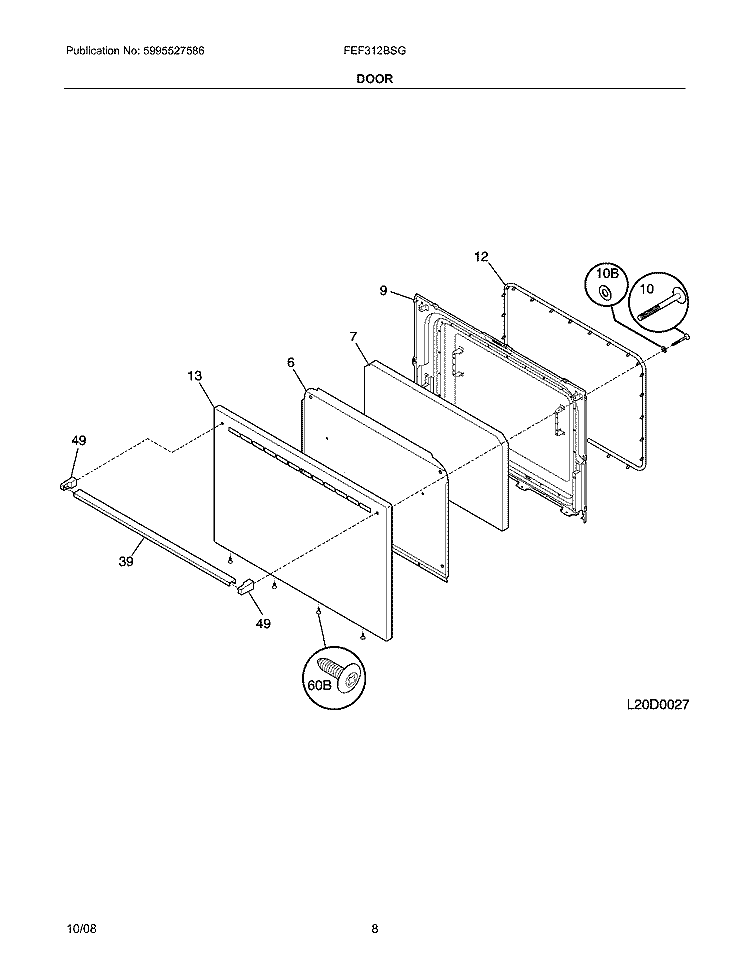 DOOR Diagram and Parts List for FEF312BSG  Frigidaire Range