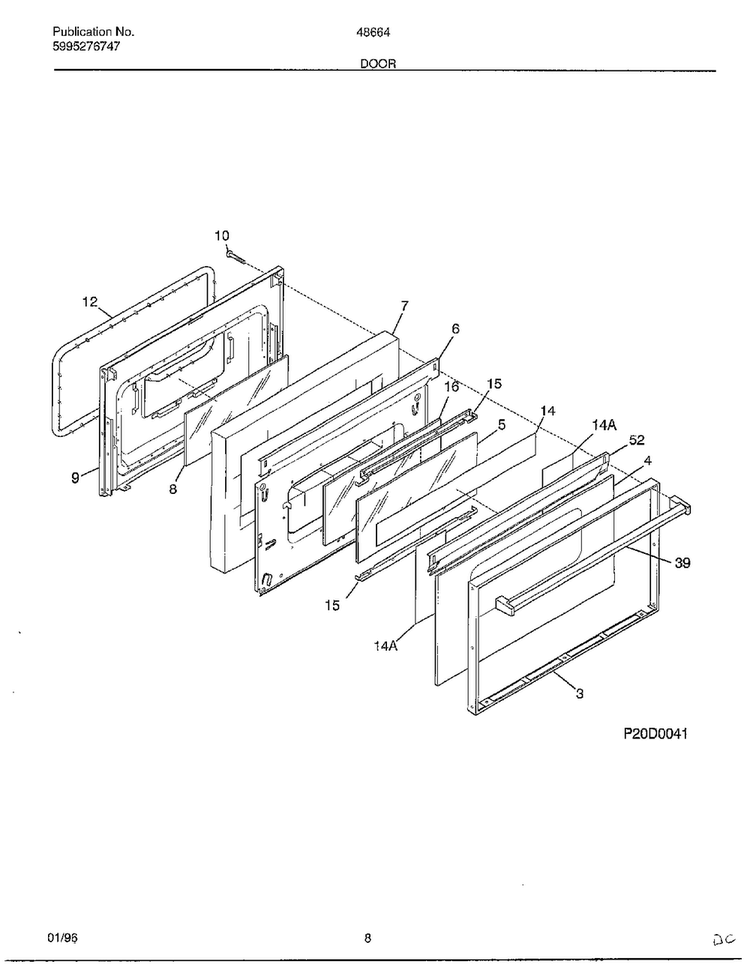 Door Diagram and Parts List for 486647E  Frigidaire Range