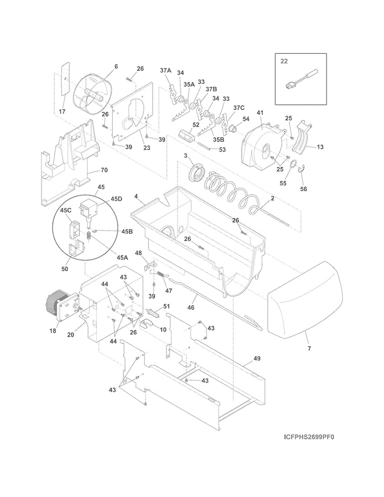 Ice Container Diagram and Parts List for FPHS2699PF1  Frigidaire Refrigerator
