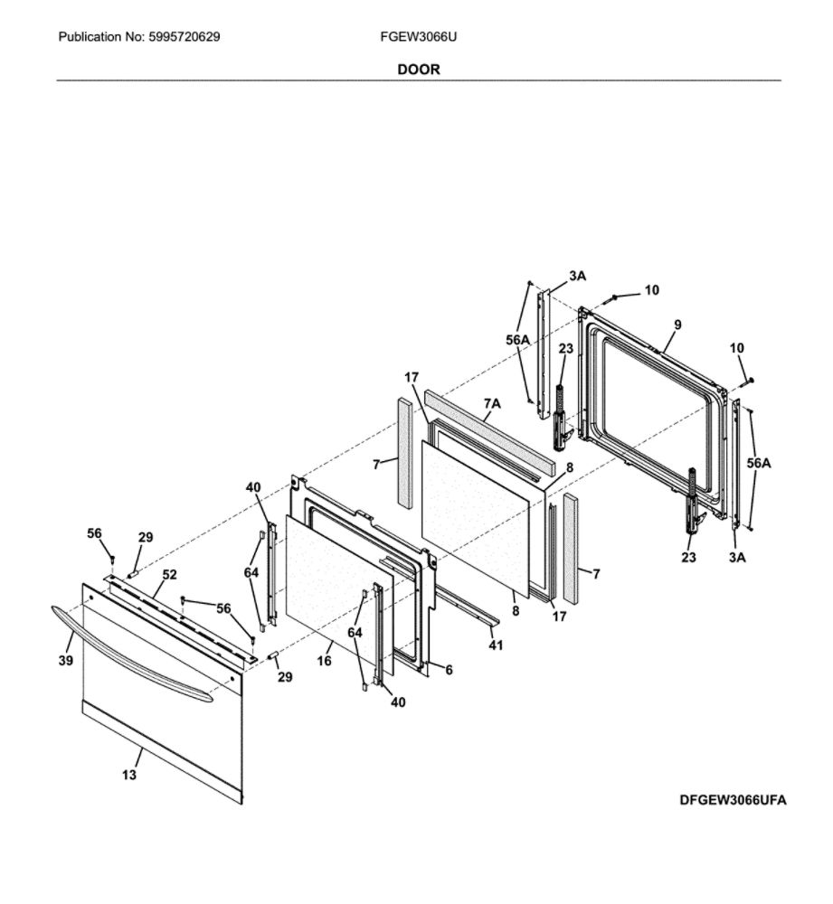 Door Diagram and Parts List for FGEW3066UDA  Frigidaire Wall Oven