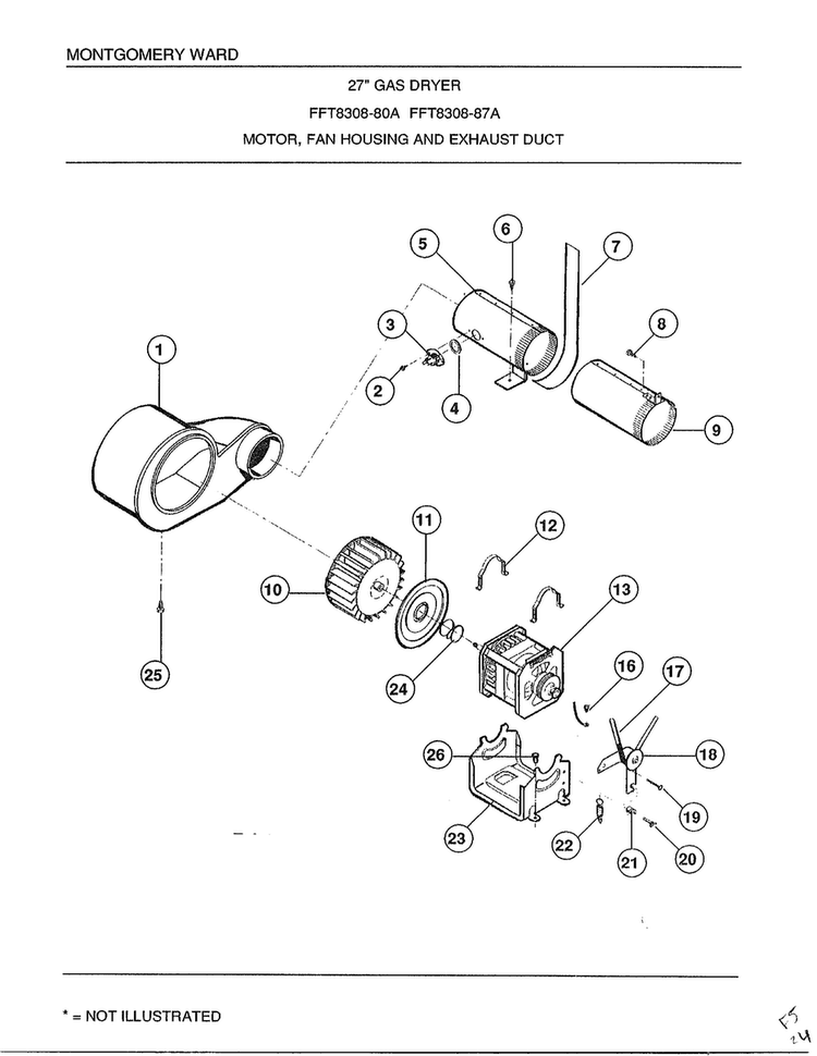 Motor/fan Housing And Exhaust Duct Diagram and Parts List for 8308A  Frigidaire Dryer