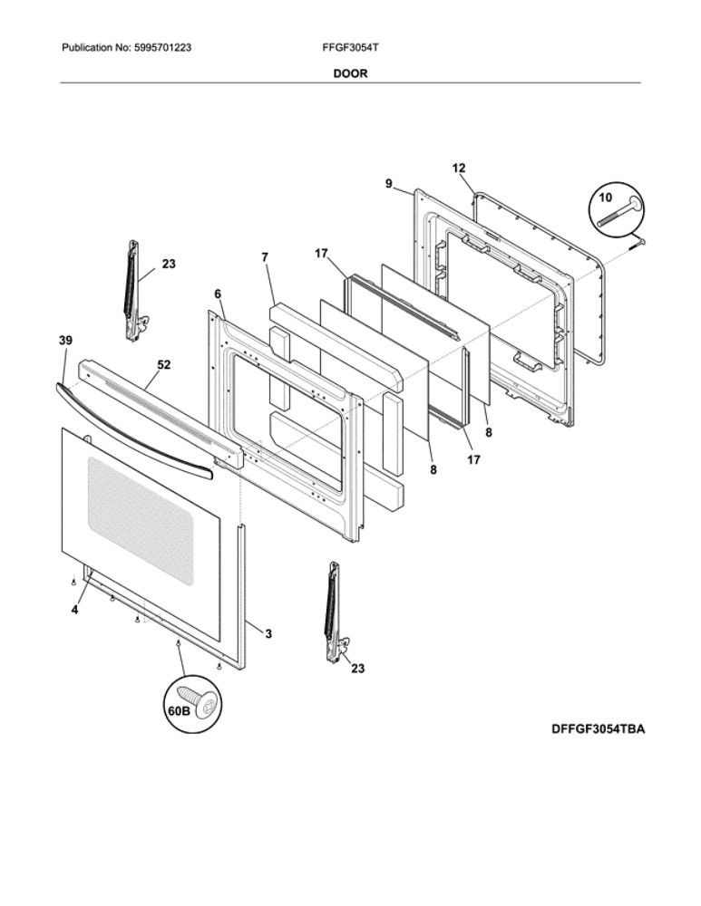 Door Diagram and Parts List for FFGF3054TWB  Frigidaire Range