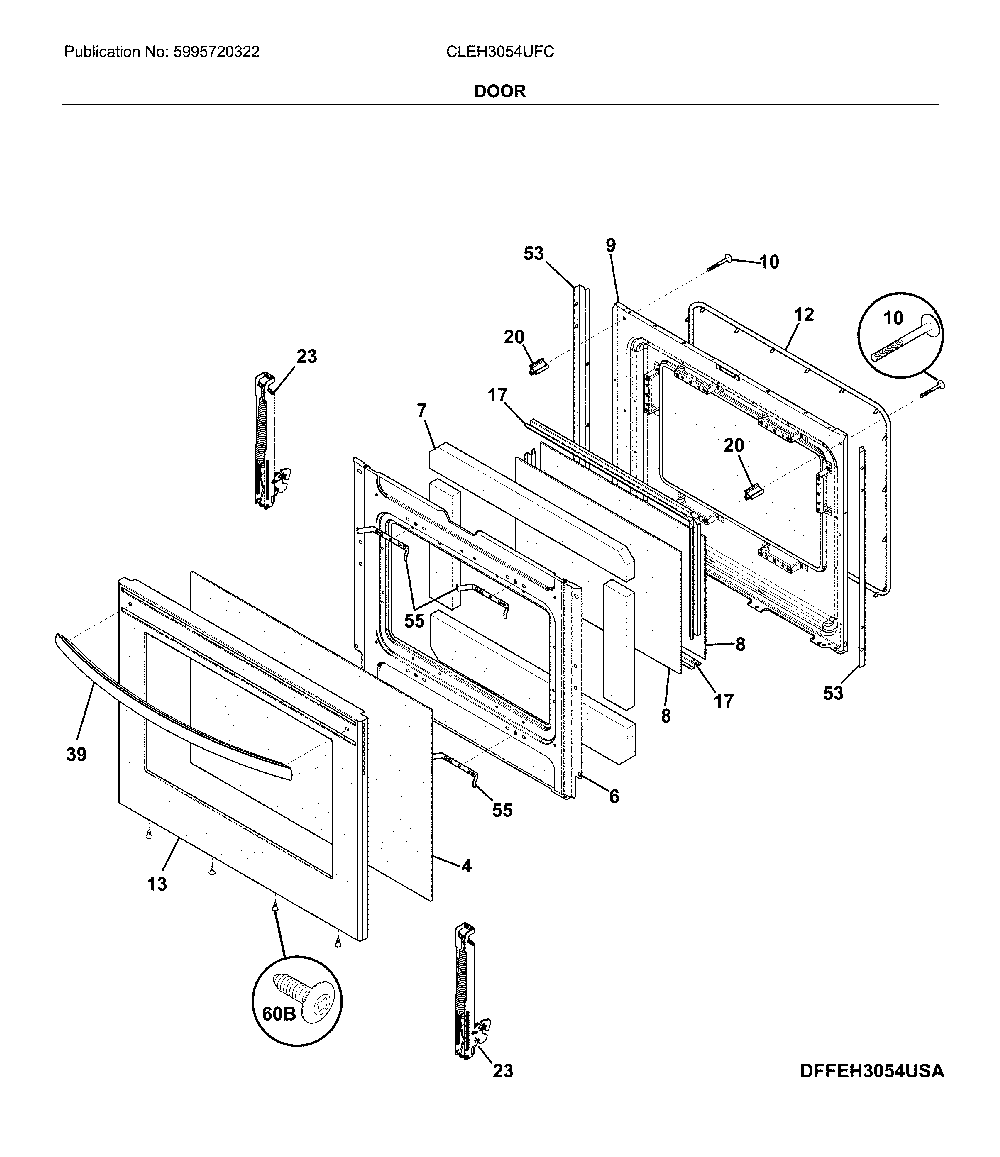 Door Diagram and Parts List for CLEH3054UFC  Frigidaire Range