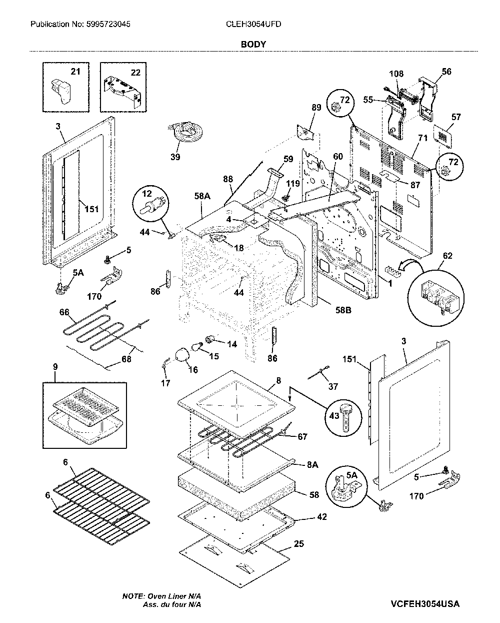 Body Diagram and Parts List for CLEH3054UFD  Frigidaire Range