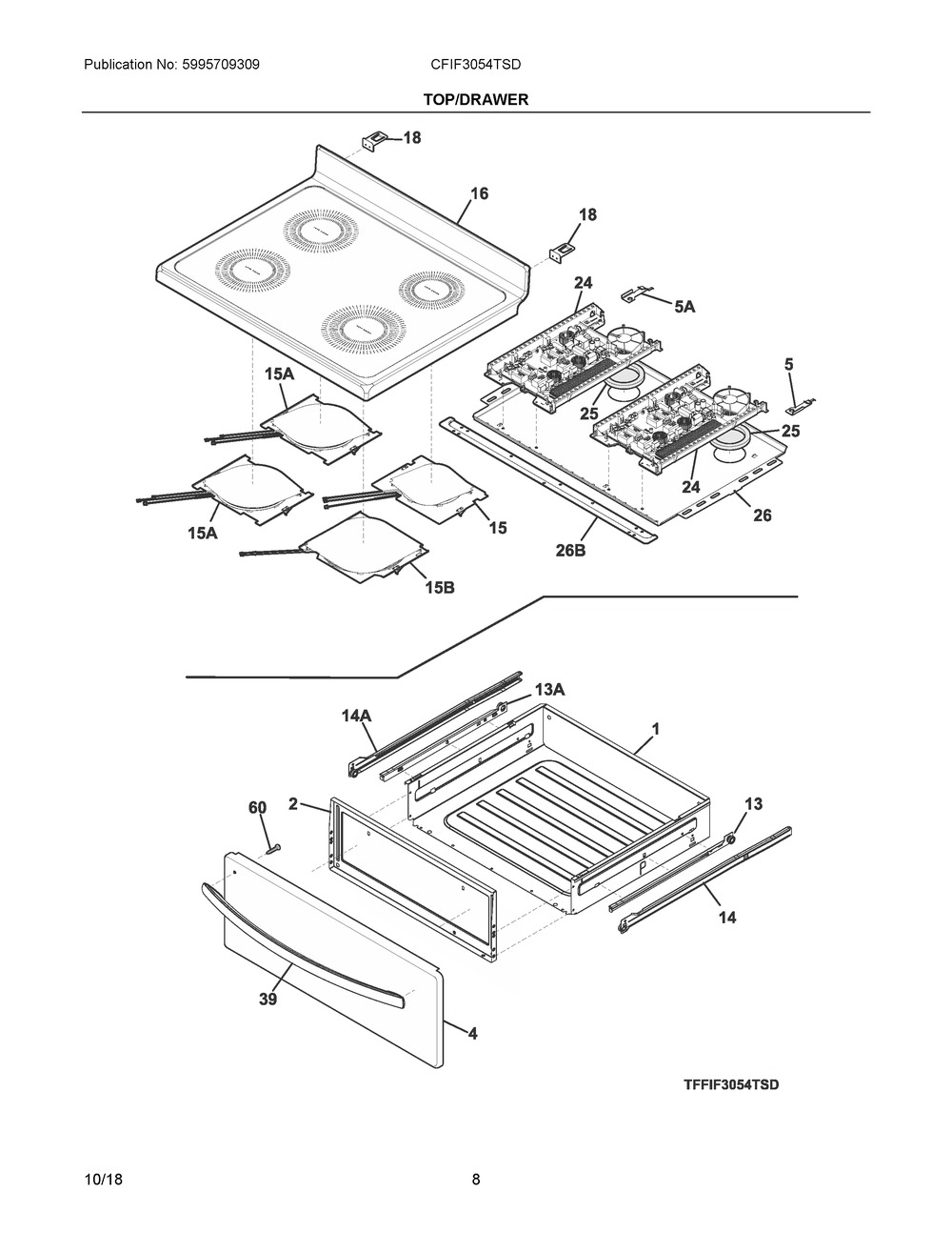 Top/drawer Diagram and Parts List for CFIF3054TSD  Frigidaire Range