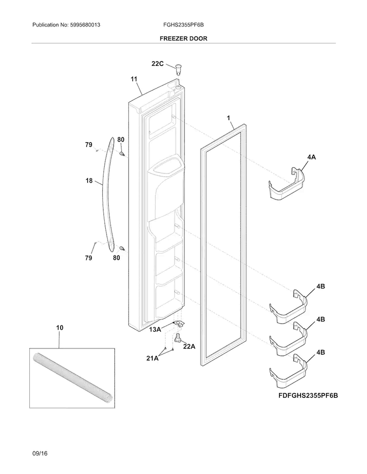 Freezer Door Diagram and Parts List for FGHS2355PF6B  Frigidaire Refrigerator