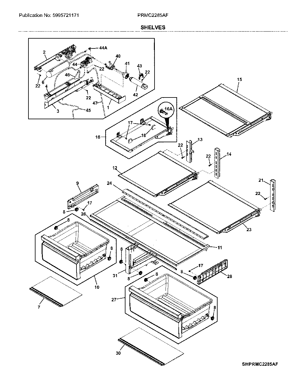 Shelves Diagram and Parts List for PRMC2285AF  Frigidaire Refrigerator