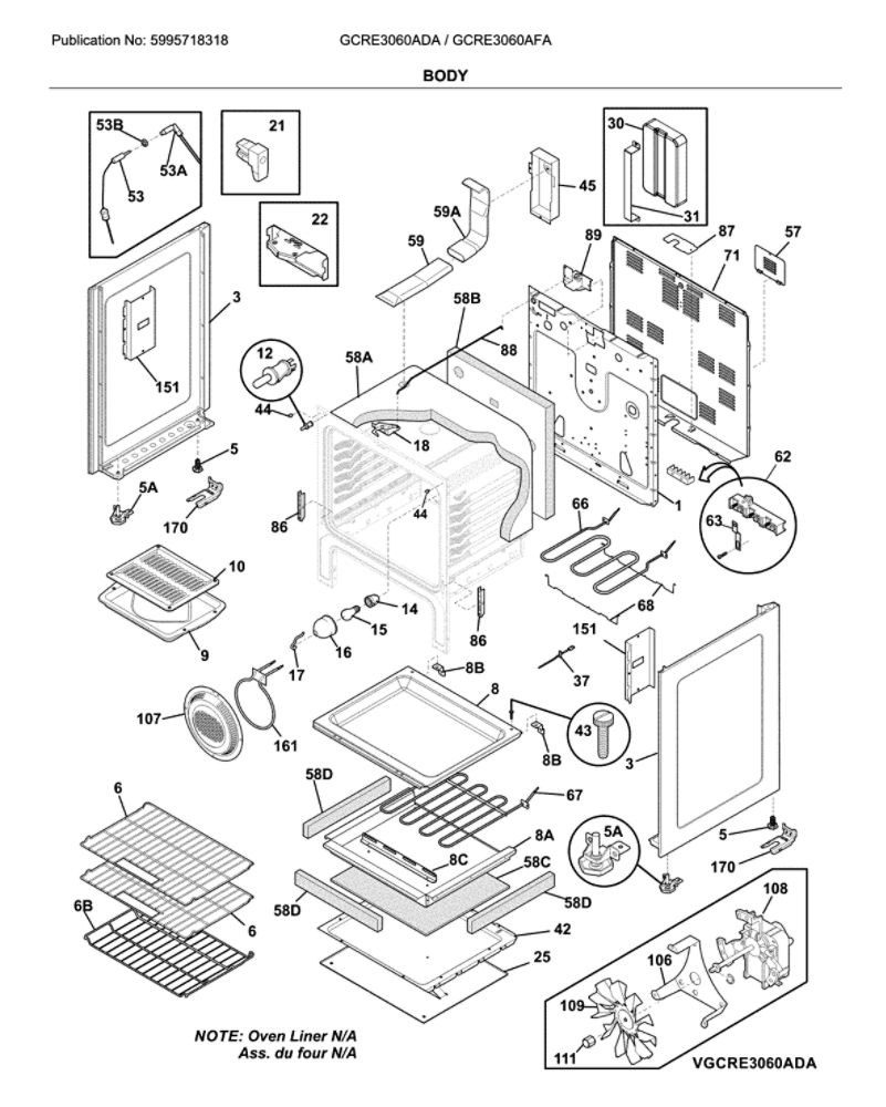 Body Diagram and Parts List for GCRE3060ADA  Frigidaire Range