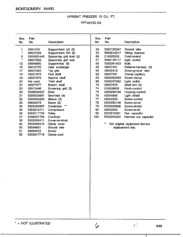 Upright Freezer 19 Cu. Ft. Page 6 Diagram and Parts List for 49152-0A  Frigidaire Freezer