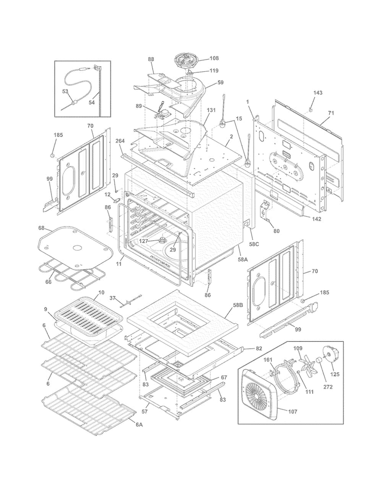 Upper Oven Diagram and Parts List for FGET3065PFB  Frigidaire Wall Oven
