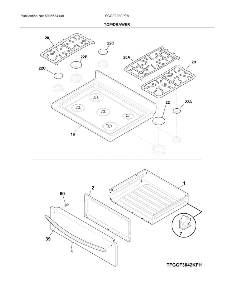 Top/drawer Diagram and Parts List for FGGF3030PFA  Frigidaire Range