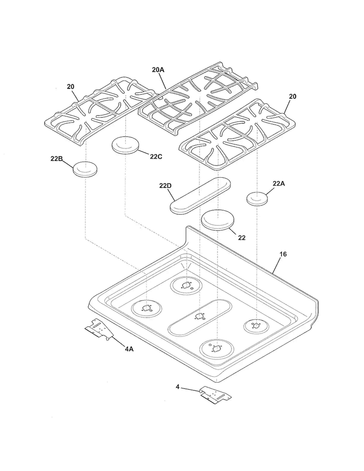 Top Diagram and Parts List for FGGF304DLW3  Frigidaire Range