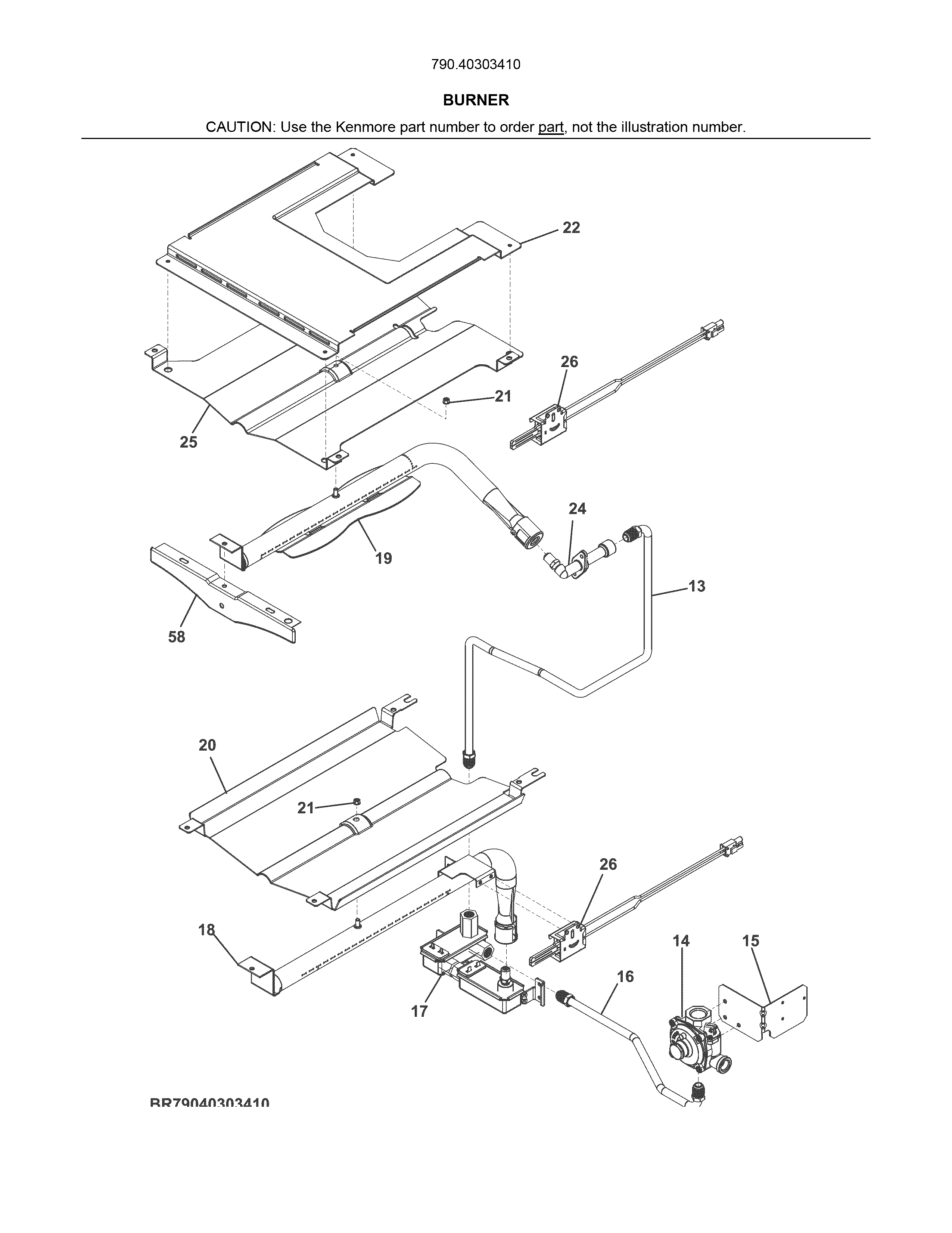 Burner Diagram and Parts List for 79040303410  Kenmore Wall Oven