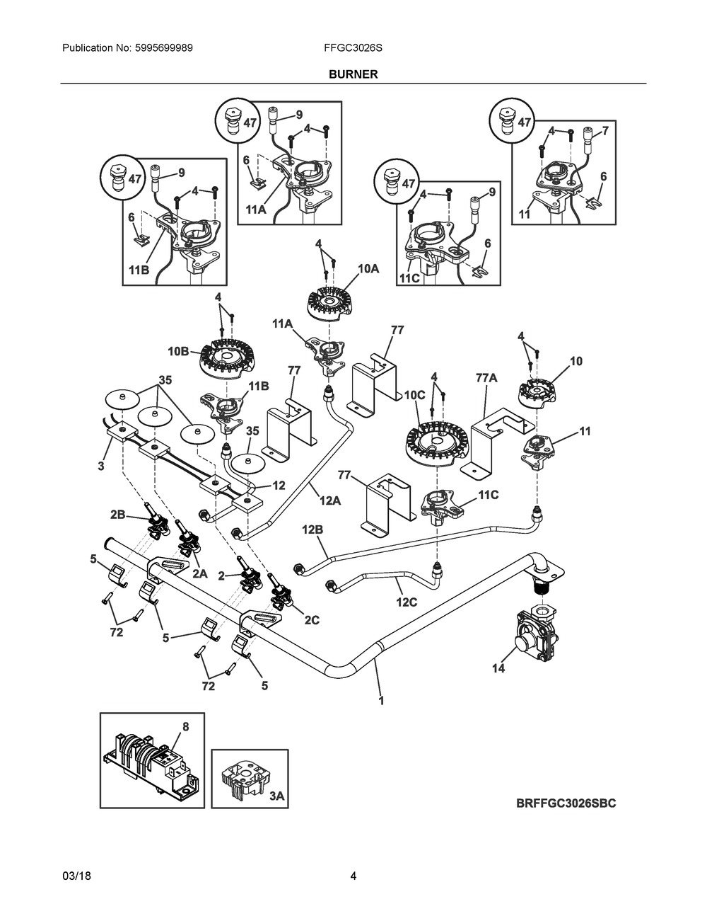 Burner Diagram and Parts List for FFGC3026SBC  Frigidaire Cooktop