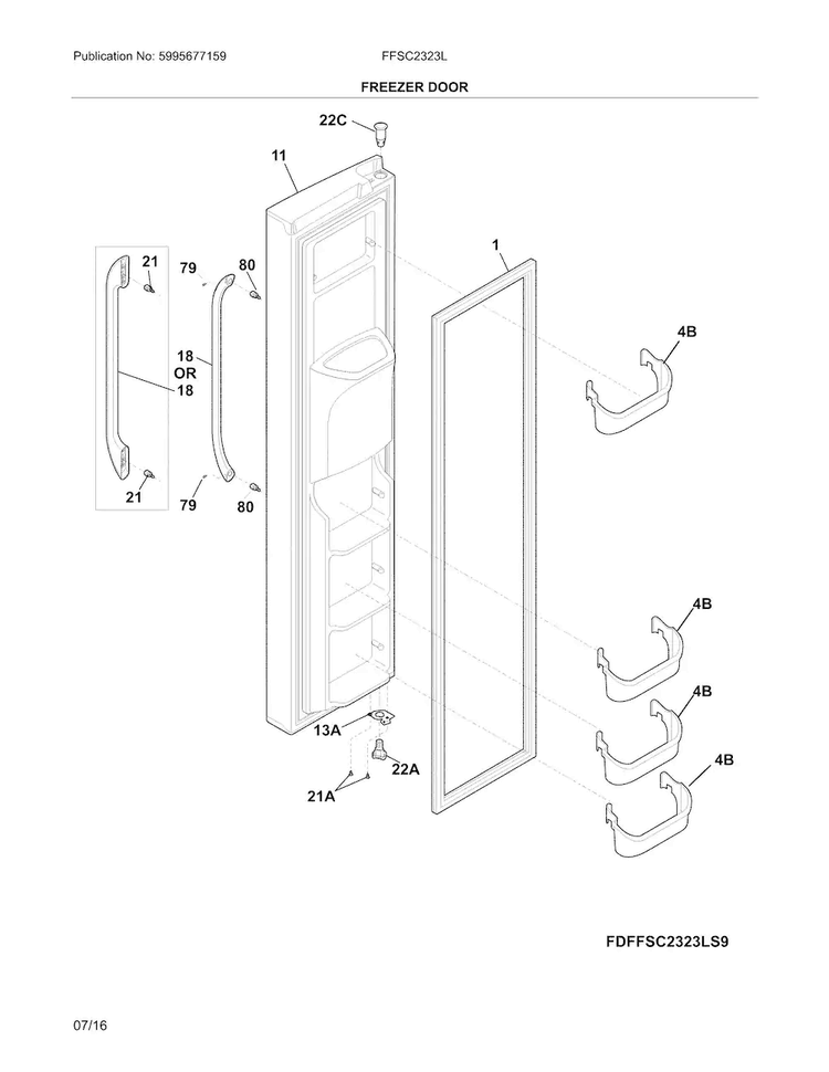 Freezer Door Diagram and Parts List for FFSC2323LSCA  Frigidaire Refrigerator