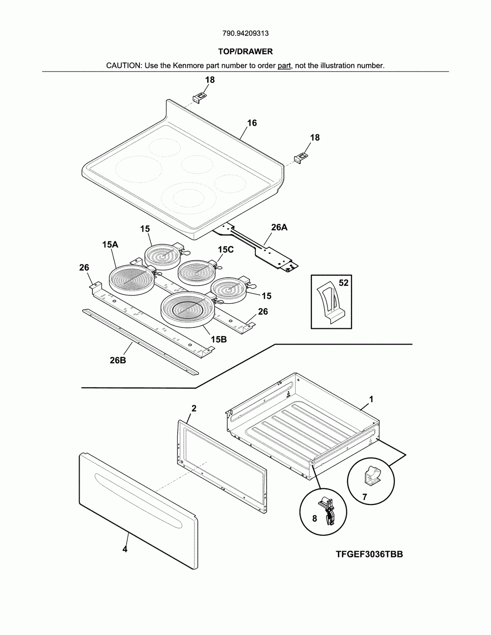 Top/drawer Diagram and Parts List for 79094209313  Kenmore Range