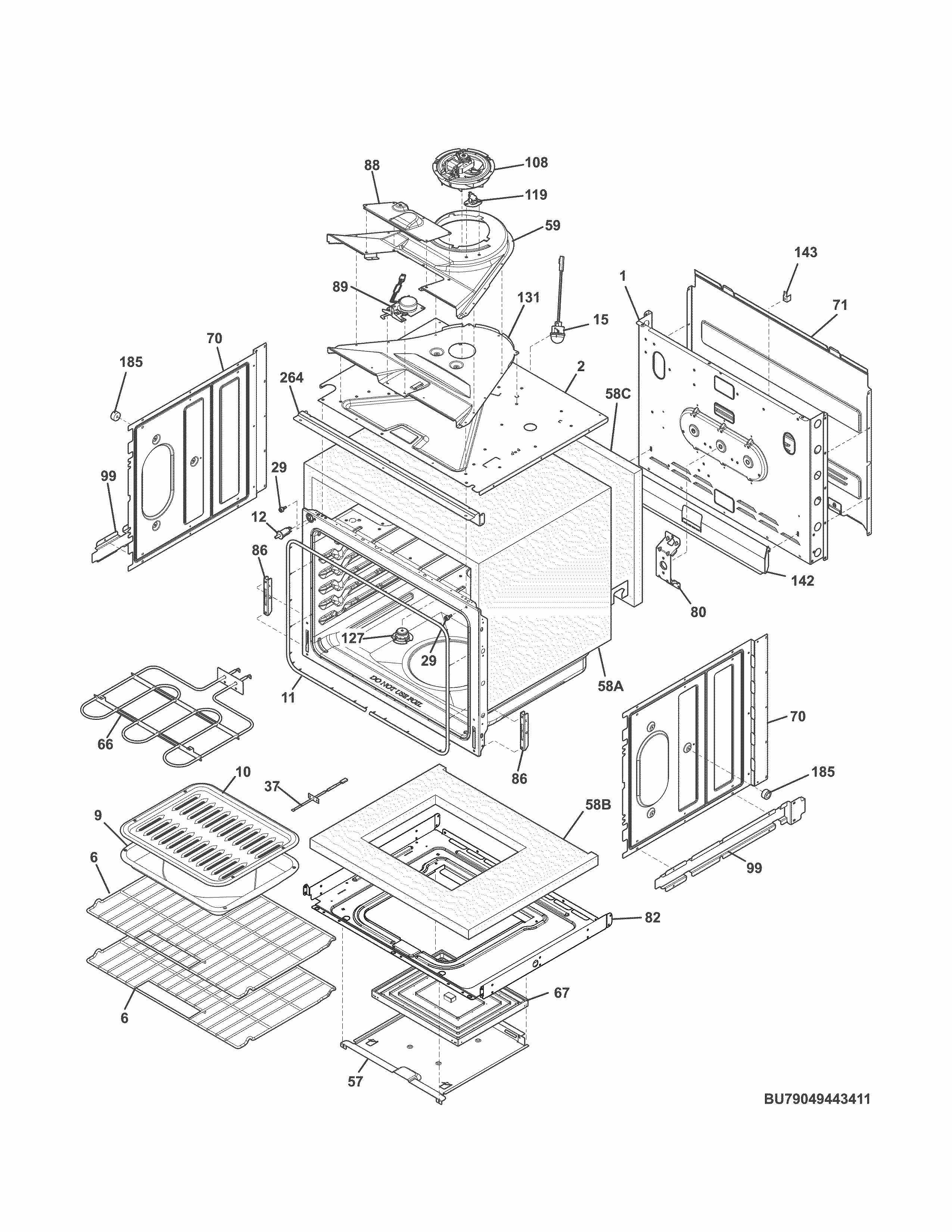 Upper Oven Diagram and Parts List for 79049442411  Kenmore Wall Oven
