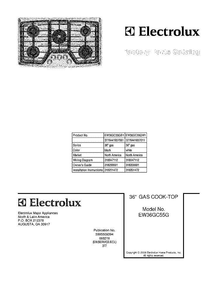 COVER Diagram and Parts List for EW36GC55GW1  Electrolux Cooktop