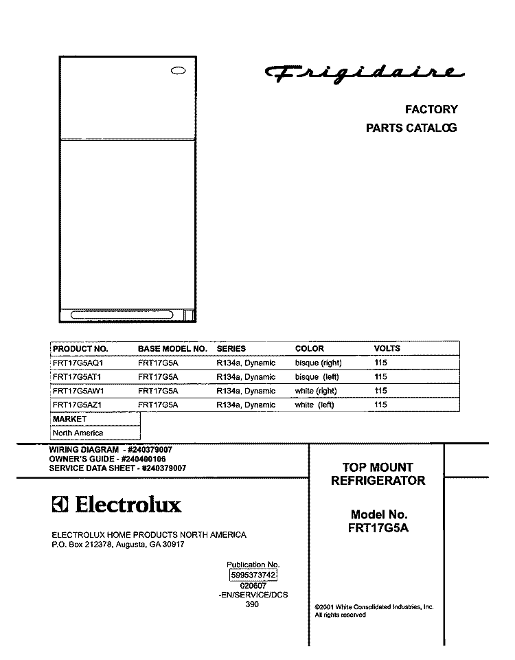COVER Diagram and Parts List for FRT17G5AW1  Frigidaire Refrigerator
