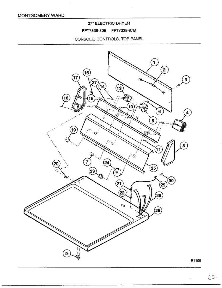 Console, Controls, Top Panel Diagram and Parts List for 7338B  Frigidaire Dryer