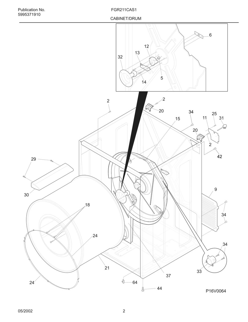Cabinet/Drum Diagram and Parts List for FGR211CAS1  Frigidaire Dryer