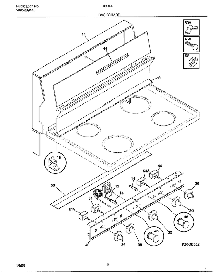 Backguard Diagram and Parts List for 480447E  Frigidaire Range